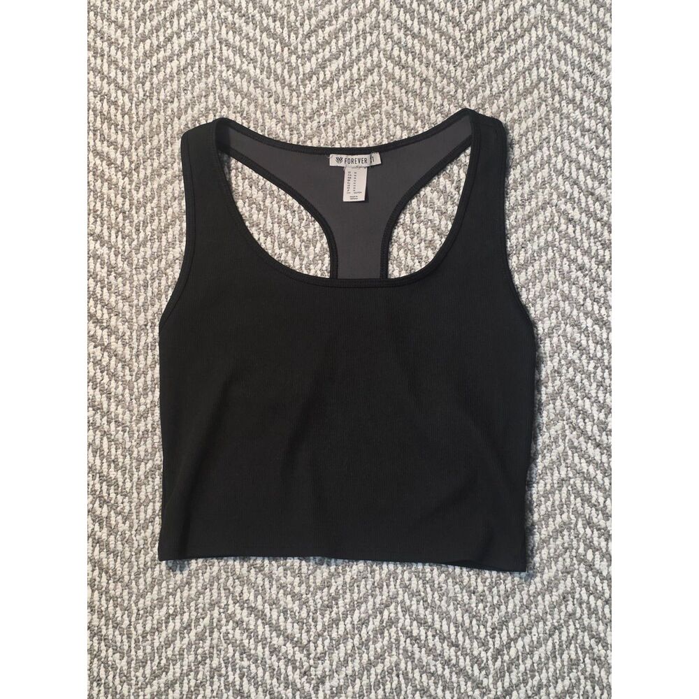 Forever 21 Women's Size Medium Black Ribbed Racerback Athletic Crop Tank Top